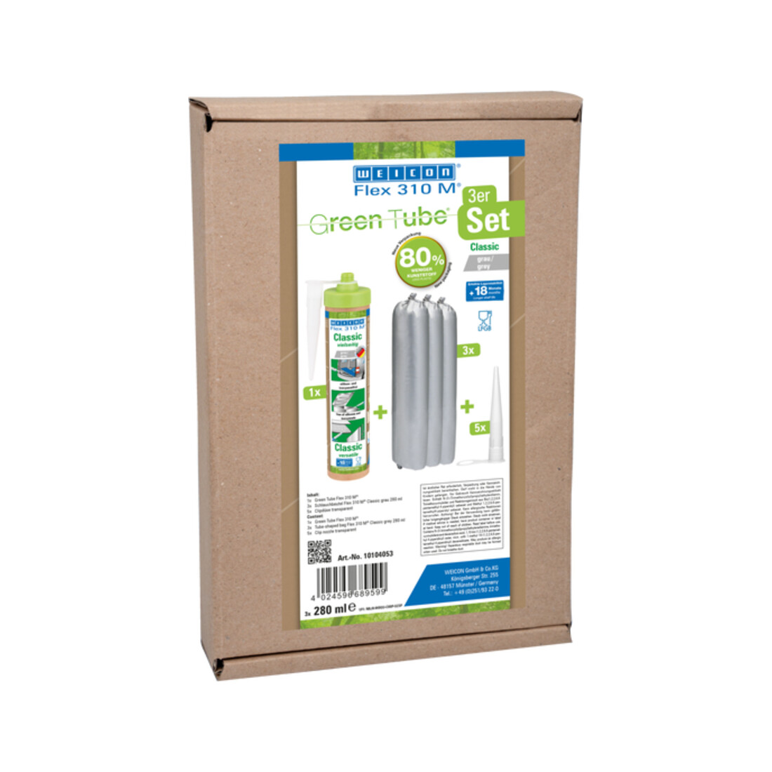 WEICON Flex 310 M® Classic, elastischer Klebstoff auf MS-Polymer-Basis für den vielseitigen Einsatz, 1 Set, grau