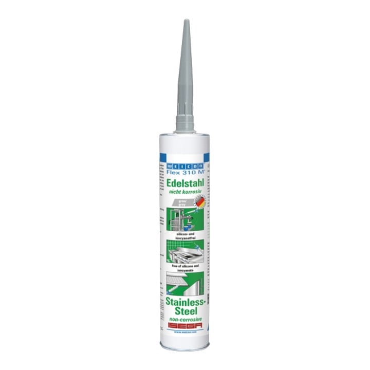 WEICON Flex 310 M® Edelstahl, Kleb- und Dichtstoff mit sehr hoher Anfangshaftung in Metalloptik auf MS-Polymer-Basis, 310 ml