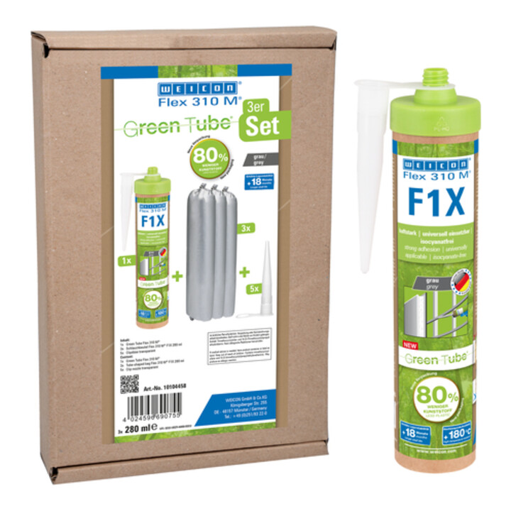 WEICON Green Tube Flex 310 M F1X, Kleb- und Dichtstoff mit sehr hoher Anfangshaftung auf MS-Polymer-Basis, temperaturbeständig bis 180°C, 280 ml, grau