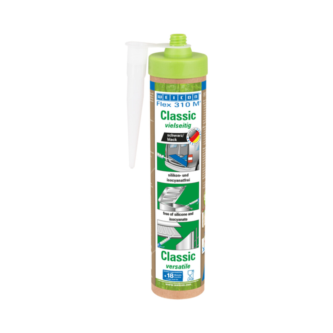 WEICON Klebstoff 'Flex 310 M® Classic', elastisch auf MS-Polymer-Basis für den vielseitigen Einsatz, 280 ml (Green Tube), schwarz