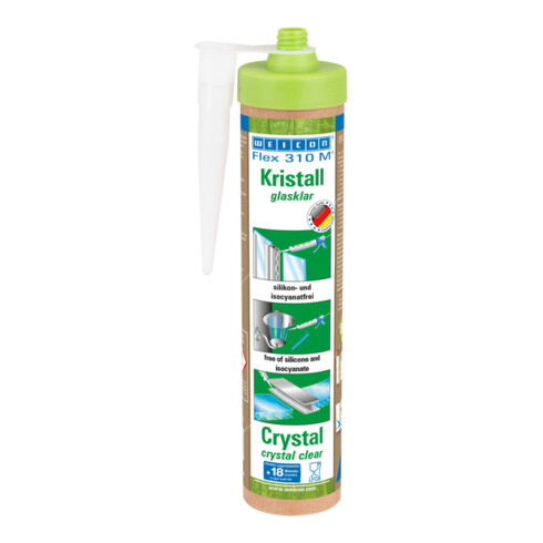 WEICON Klebstoff 'Flex 310 M® Kristall', elastisch auf MS-Polymer-Basis im Presspack für ermüdungsfreies Arbeiten, 280 ml (Green Tube), transparent