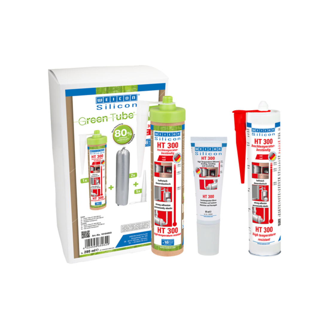 WEICON Silicon HT 300, Dichtstoff, hochtemperaturbeständig bis 300°C, 280 ml (Green Tube), rot