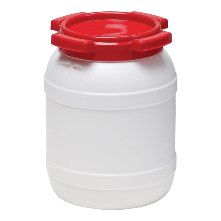 Weithalsfass 6l weiß mit rotem Deckel + Tragegriffe Einfüllöffnung D 136mm