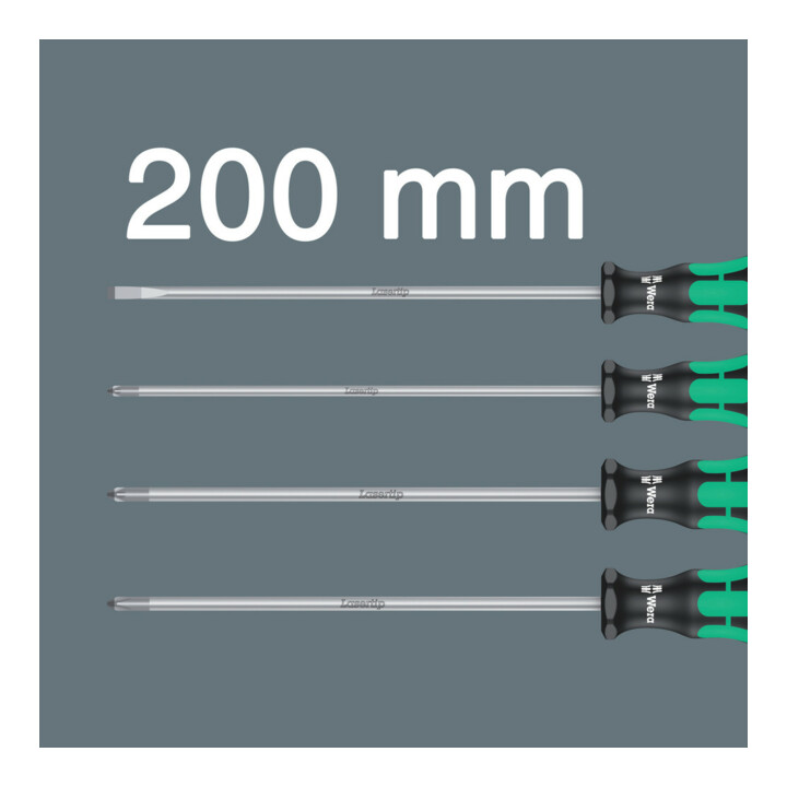 Wera 335/350/355/4 Schraubendrehersatz Kraftform Plus Lasertip mit 200 mm langen Klingen, 4-teilig