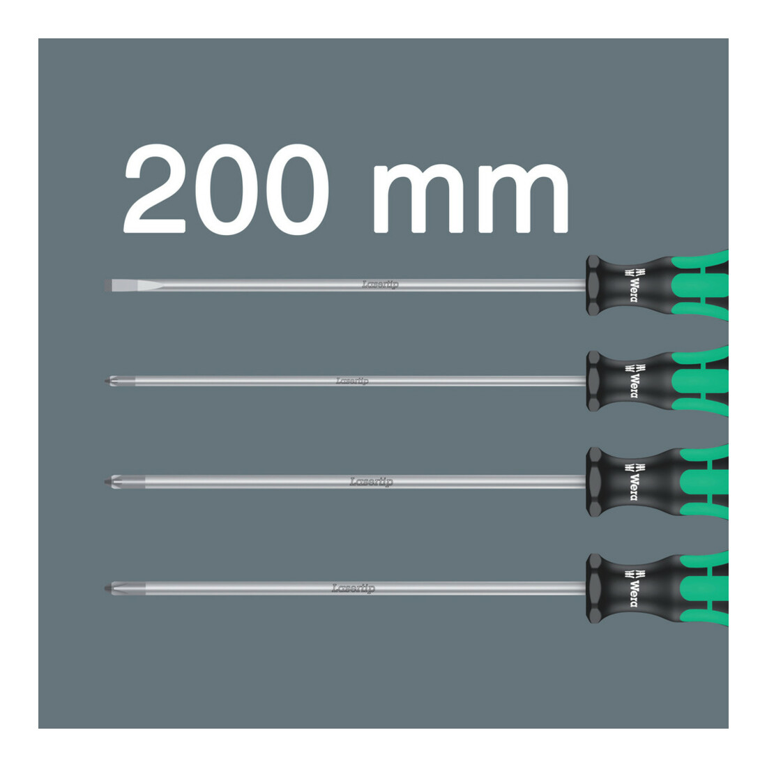 Wera 335/350/355/4 Schraubendrehersatz Kraftform Plus Lasertip mit 200 mm langen Klingen, 4-teilig