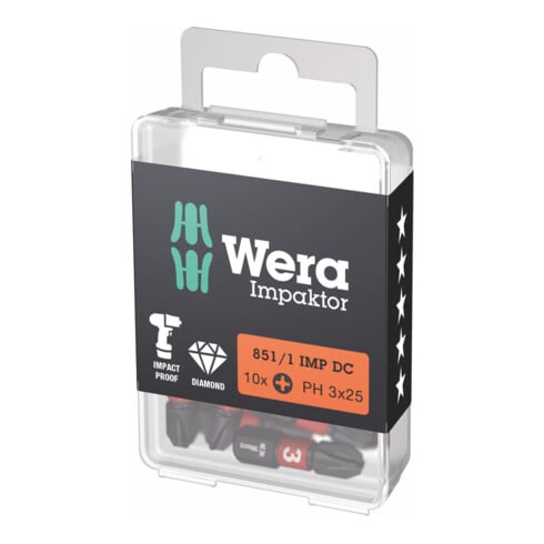 WERA Bit Impaktor per Phillips, 1/4" C 6,3 Set con 10pz., Dim. dell'impronta a croce: 3