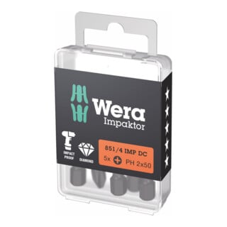 WERA Bit Impaktor per Phillips, 1/4" E 6,3 Set con 5pz., Dim. dell'impronta a croce: 2