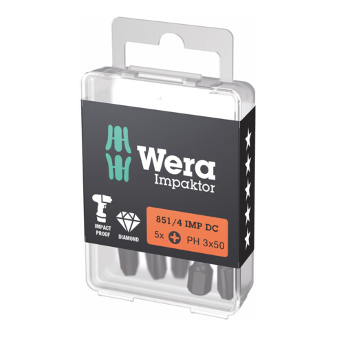 WERA Bit Impaktor per Phillips, 1/4" E 6,3 Set con 5pz., Dim. dell'impronta a croce: 3