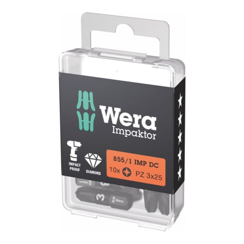 WERA Bit Impaktor per viti Pozidriv, 1/4" C 6,3 Set con 10pz., Dim. dell'impronta a croce: 3