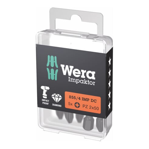 WERA Bit Impaktor per viti Pozidriv, 1/4" E 6,3 Set con 5pz., Dim. dell'impronta a croce: 2