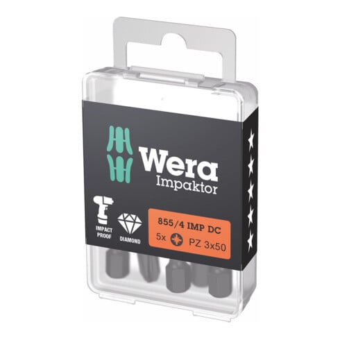 WERA Bit Impaktor per viti Pozidriv, 1/4" E 6,3 Set con 5pz., Dim. dell'impronta a croce: 3