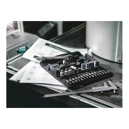 Wera Cricchetto in metallo in set 8100 SAE 12 HF Zyklop, levetta di conversione, attacco 1/4", metrico, 13pz.