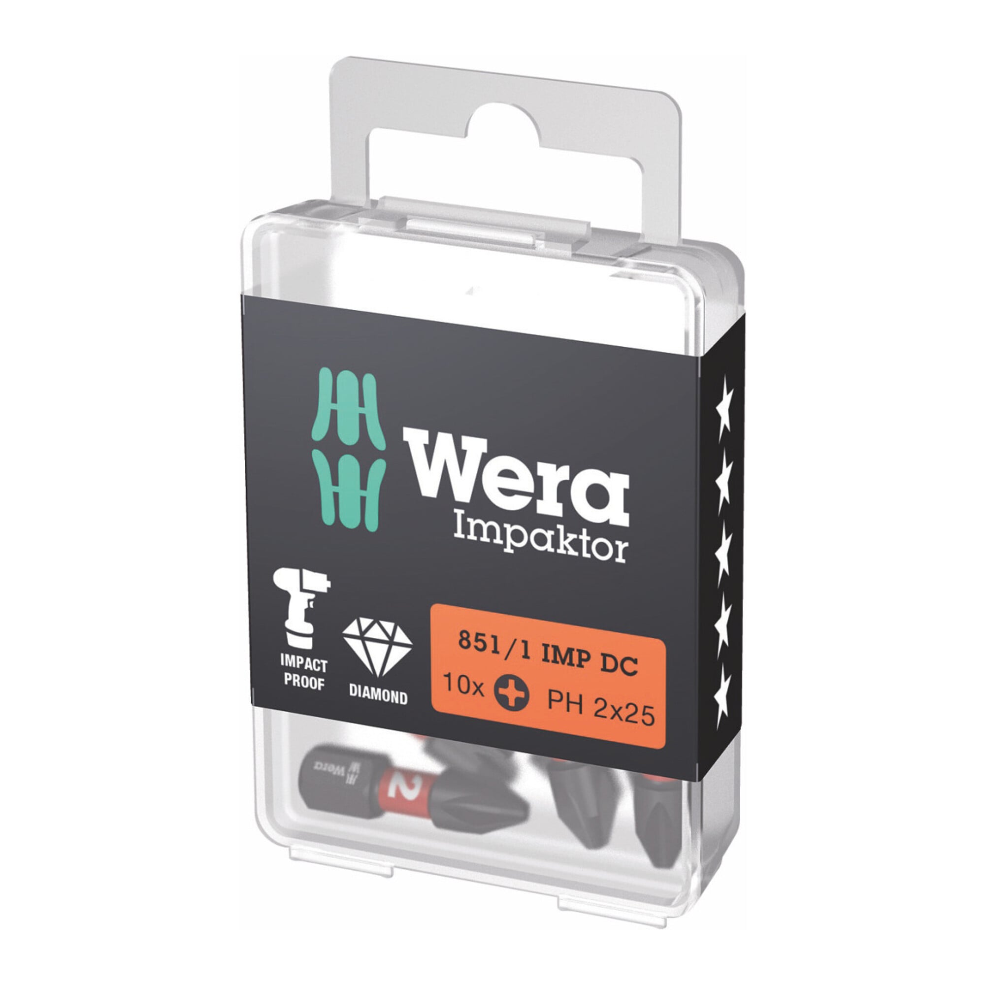Wera Impaktor Bit für Phillips, 1/4 Zoll C 6,3 Set, Kreuzschlitzgröße: 2