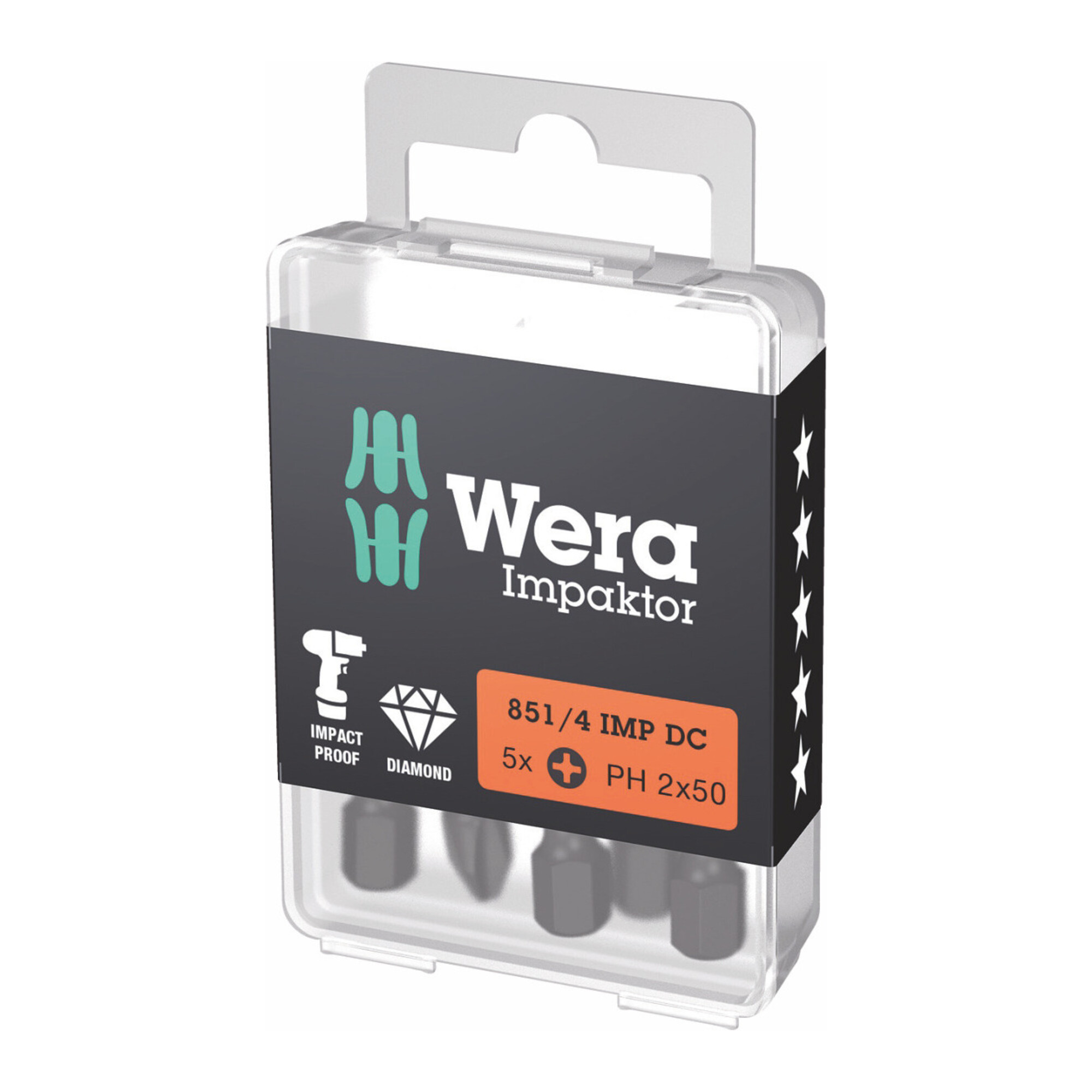 Wera Impaktor Bit für Phillips, 1/4 Zoll E 6,3 Set, Kreuzschlitzgröße: 2