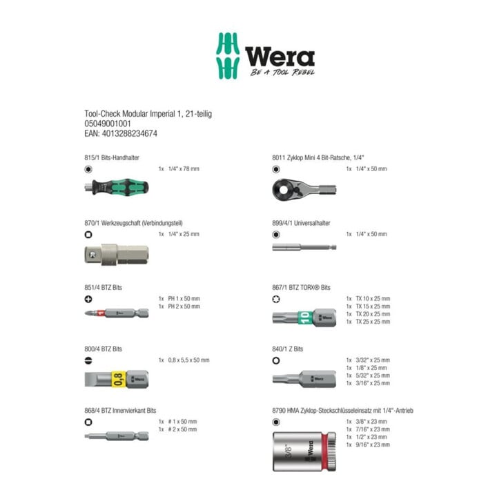 Wera Jeu de clés à douille à embouts Tool-Check Modular 1, 21 pièces Imperial