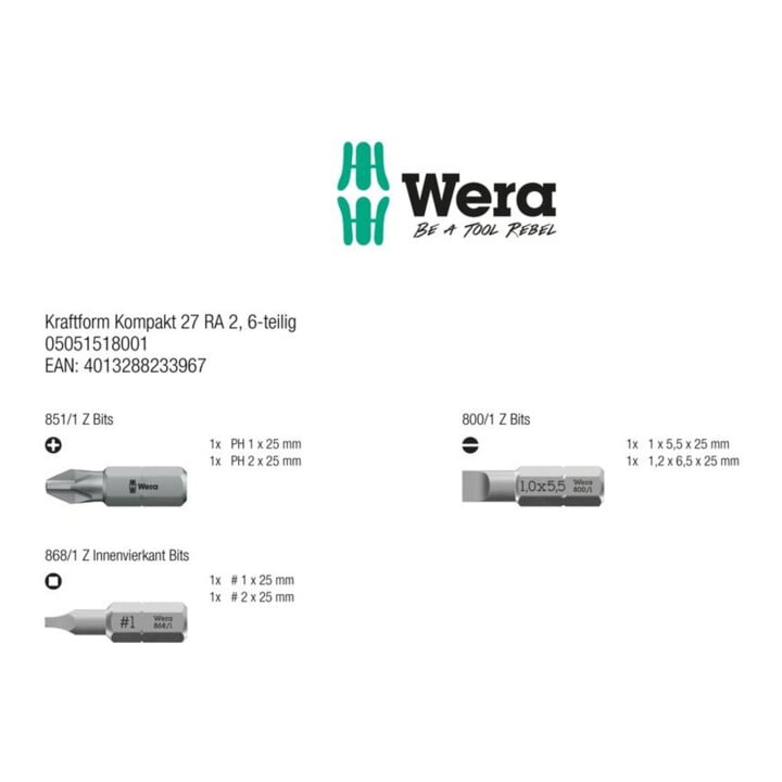 Wera Tournevis à embouts Bit-Magazinschrauber KK 27 RA 2, 6 pièces