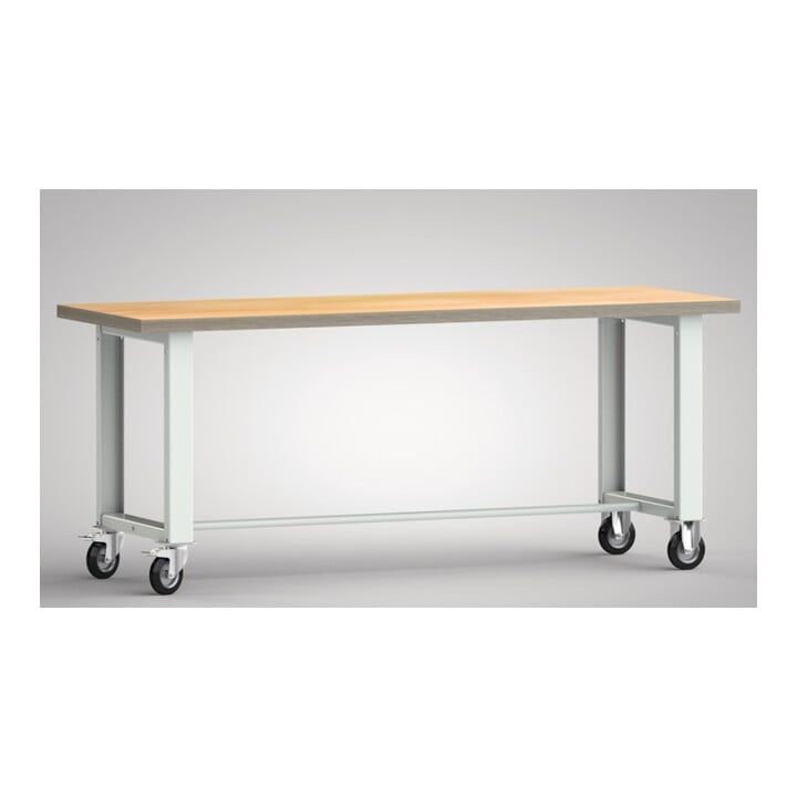 Werkbank B2000xT700xH840mm Buche Multiplex lichtgrau Bock-u.Lenkrollen,VG D125mm