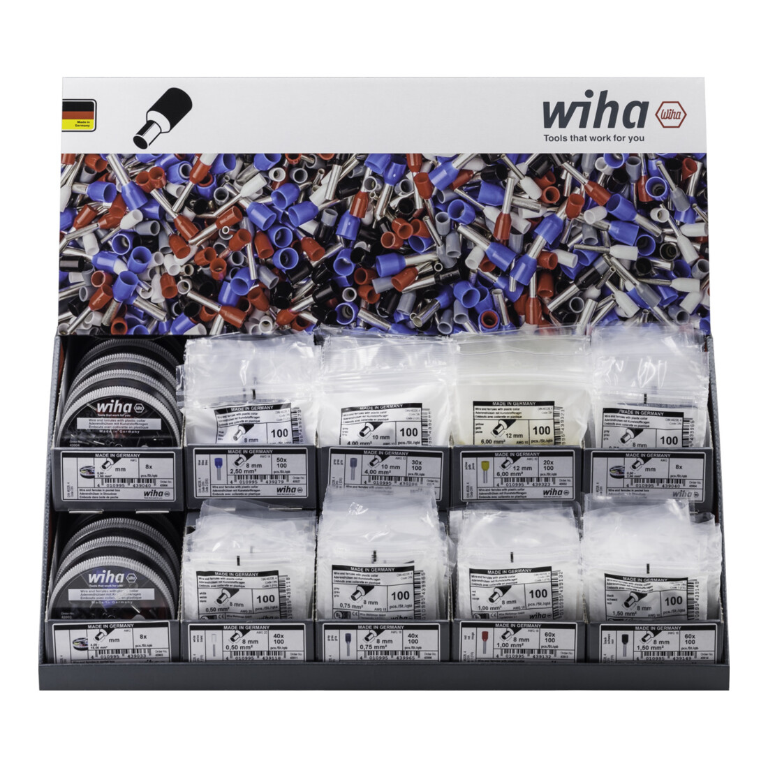 Wiha Aderendhülsen Display Farbcode 1 (FR), 0,5 - 10 mm² in Polybeutel und 0,5 - 16 mm² in Streudose