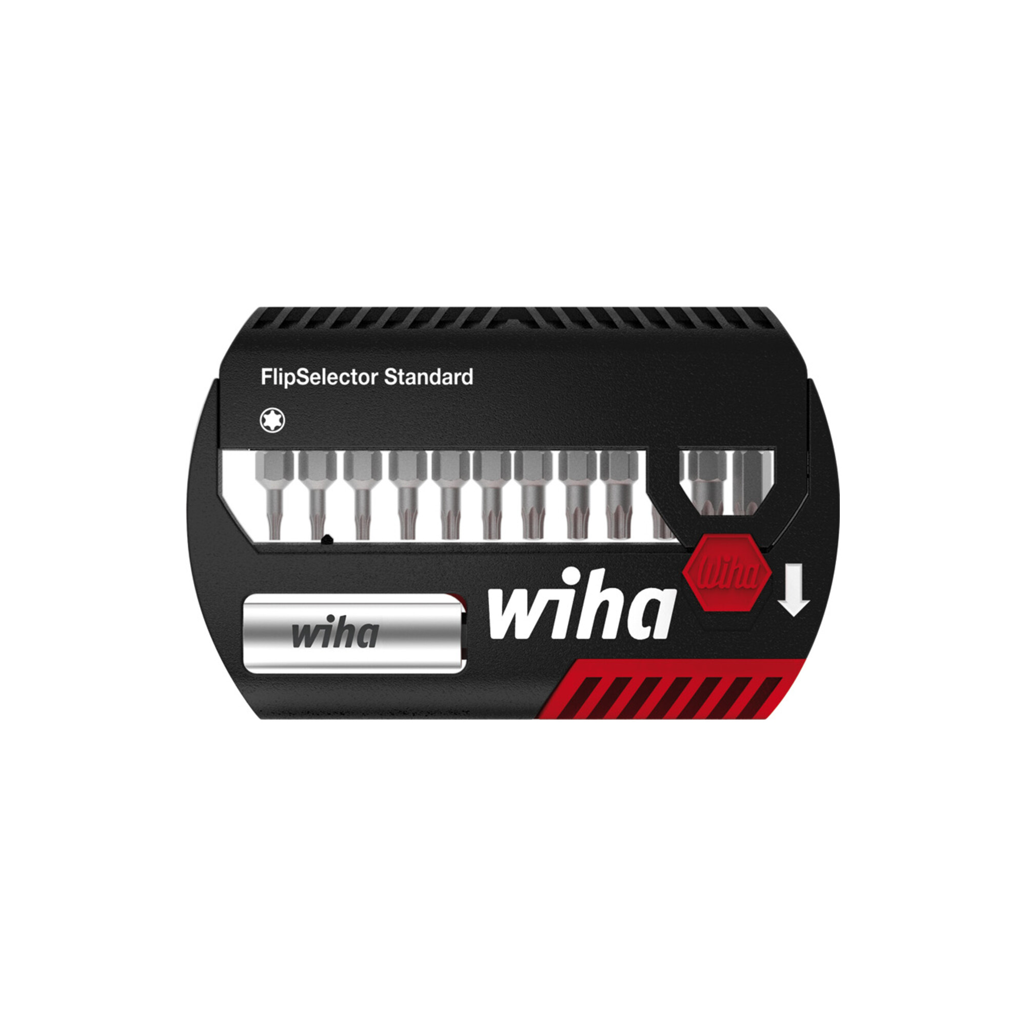 Wiha Bit Set FlipSelector 13 teilig I mit Gürtelclip I Standard 25 mm TX I magnetischer Bithalter I Öffnen per Knopfdruck I 1/4 Zoll C6,3 (39056)