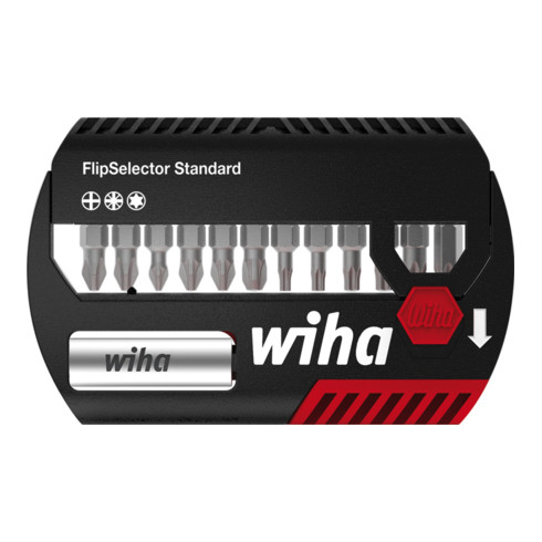 Wiha Bit Set FlipSelector Standard 13-tlg. I 25 mm Pozidriv, TORX 1/4" I magnetischer Bithalter I Öffnen per Knopfdruck (39040)