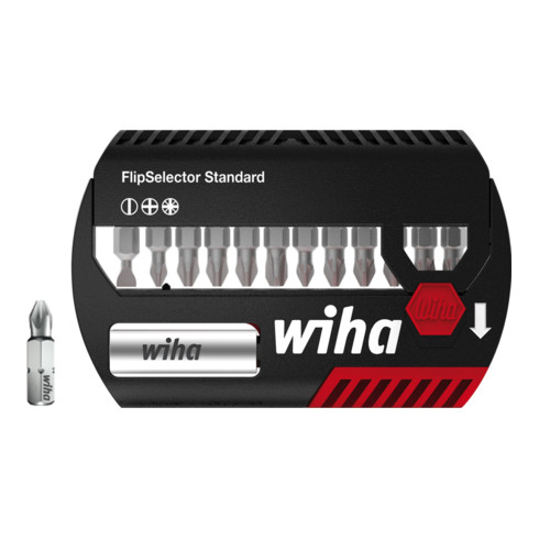 Wiha Bit Set FlipSelector Standard  13-tlg. I 25 mm Schlitz, Phillips, Pozidriv 1/4" I magnetischer Bithalter I Öffnen per Knopfdruck  (39029)