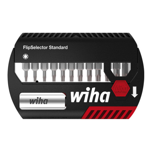 Wiha Bit Set FlipSelector 13 teilig I mit Gürtelclip I Standard 25 mm TORX® I magnetischer Bithalter I Öffnen per Knopfdruck I 1/4 Zoll C6,3 (39056)