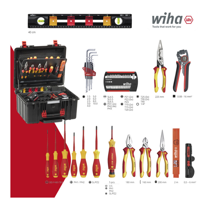 Wiha Caisse à outils Set XL 2 Trolley electric 60 pièces I Caisse à outils sur roulettes I Valise à outils I Boîte à outils remplie pour électricien (45795)