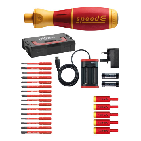 Wiha E-Schraubendreher Set 3 speedE gemischt 25-tlg in L-Boxx Mini mit slimBits, easyTorque Adaptern, Batterien und Ladegerät UK (42268)