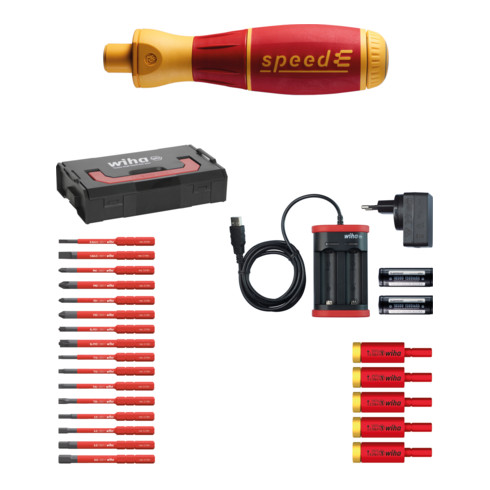 Wiha E-Schraubendreher Set 3 speedE® gemischt 25-tlg in L-Boxx Mini mit slimBits, easyTorque Adaptern, Batterien und Ladegerät EU