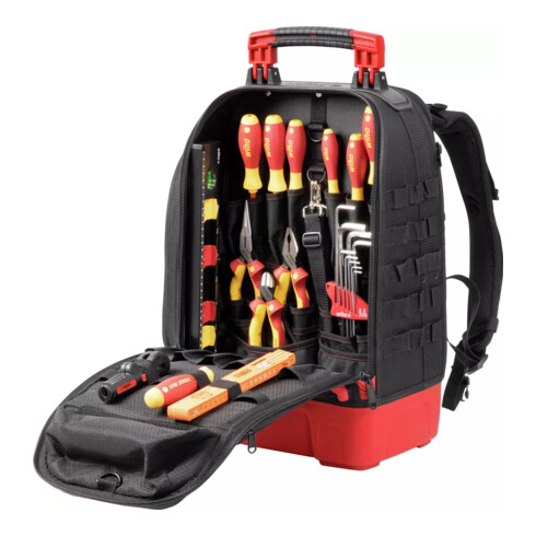 Wiha Elektriker Werkzeugrucksack  27-tlg. I mit Elektriker Grundausstattung I stabiler Standboden I mit Laptopfach I Taschen für Zubehör (45528)
