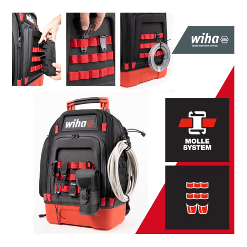 Wiha Elektriker Werkzeugrucksack  27-tlg. I mit Elektriker Grundausstattung I stabiler Standboden I mit Laptopfach I Taschen für Zubehör (45528)
