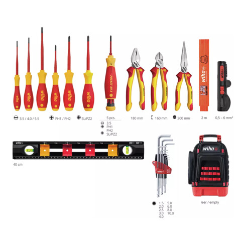 Wiha Elektriker Werkzeugrucksack  27-tlg. I mit Elektriker Grundausstattung I stabiler Standboden I mit Laptopfach I Taschen für Zubehör (45528)