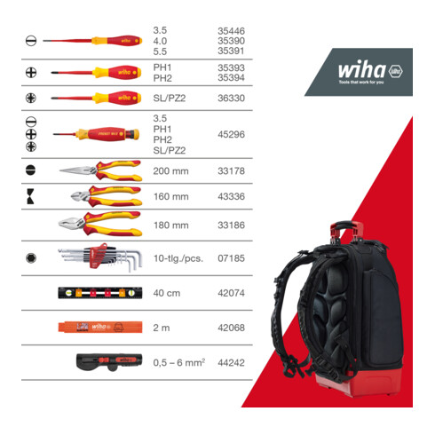 Wiha Elektriker Werkzeugrucksack  27-tlg. I mit Elektriker Grundausstattung I stabiler Standboden I mit Laptopfach I Taschen für Zubehör (45528)