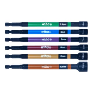 Wiha Jeu de clés à douille magnétique 6 pièces I Codé par couleur I 5,5 - 13 mm I 150 mm extra long I jusqu’à 79 Nm, 1/4 I Jeu de douilles pour visseuse I Douille hexagonale magnétique I Douilles pour visseuse à chocs (47035)
