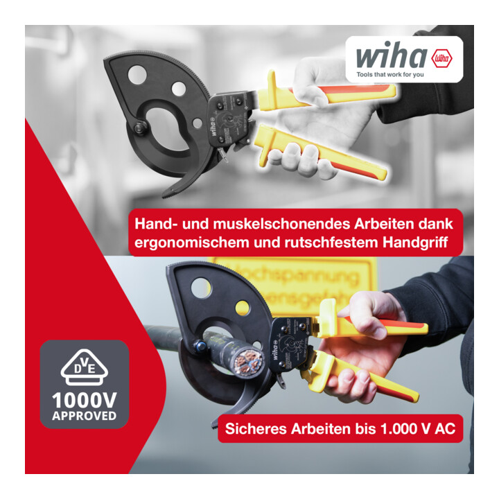 Wiha Kabelknipper tot 500 mm² | Ratelsnijder voor Cu- en Al-kabels | Kabelschaar met ratelprincipe | Ratelsnijder voor aluminium- en koperen kabels