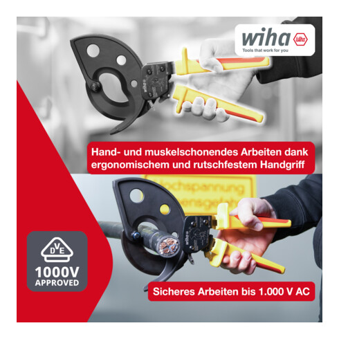 Wiha Kabelschneider bis 500 mm² I Ratschenkabelschneider für Cu- und AI-Kabel I Kabelschere mit Ratschenprinzip I Ratschenschneider für Aluminium- und Kupferkabel