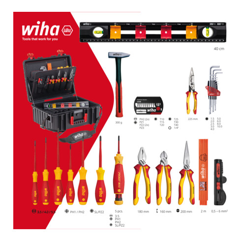 Wiha mallette à outils XL 2 electric 41 pcs I Mallette à outils complète pour électriciens I Mallette avec outils I Boîte à outils avec équipement pour électriciens I Avec bandoulière