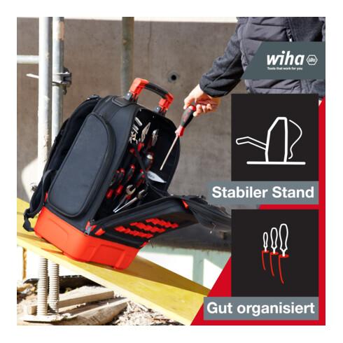 Wiha Mechaniker Werkzeugrucksack 41-tlg. I mit Mechaniker Grundausstattung I stabiler Standboden I mit Laptopfach I Taschen für Zubehör (45529)
