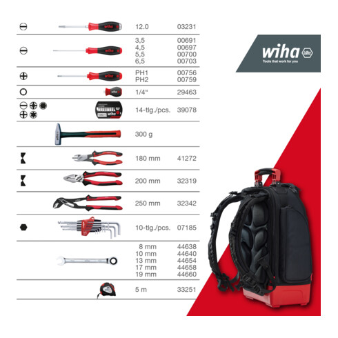 Wiha Mechaniker Werkzeugrucksack 41-tlg. I mit Mechaniker Grundausstattung I stabiler Standboden I mit Laptopfach I Taschen für Zubehör (45529)