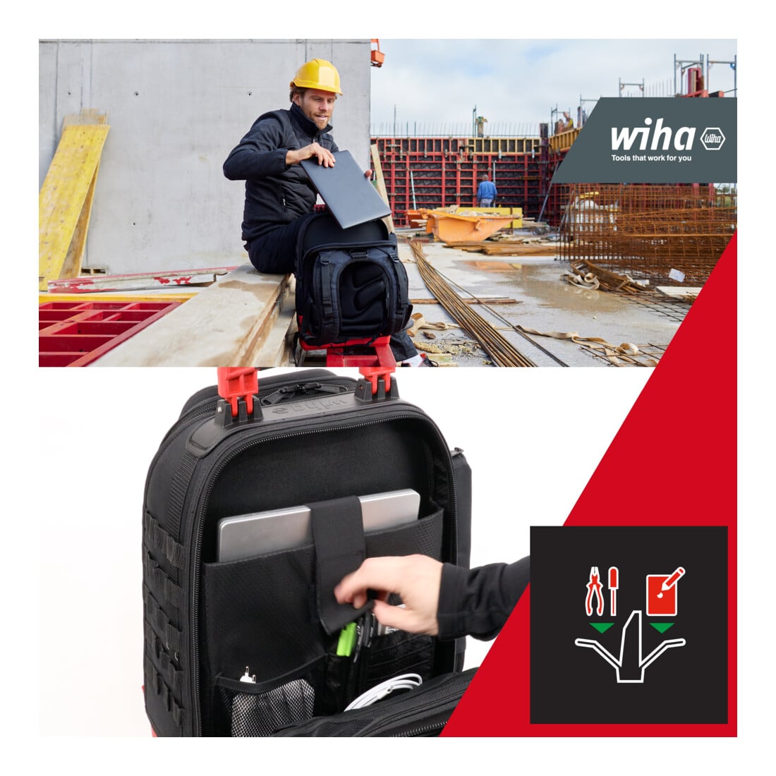 Wiha Mechaniker Werkzeugrucksack 41-tlg. I mit Mechaniker Grundausstattung I stabiler Standboden I mit Laptopfach I Taschen für Zubehör (45529)