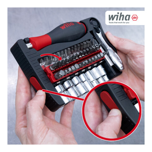Wiha ProBuddy® Evo 40-tlg. Bit- & Steckschlüssel-Set 1/4" SoftFinish Schraubendrehergriff, Mini-Ratsche 72 Zähne, magnetischer Bithalter I Kompaktes Werkzeugset für Profi, Heimwerker, Fahrrad (46960)