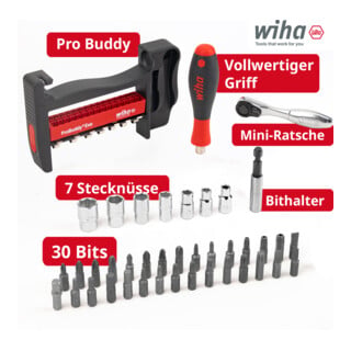 Wiha ProBuddy® Evo Set de 40 pièces de clés à douille et embouts 1/4" SoftFinish, mini-cliquet 72 dents, porte-embouts magnétique I Ensemble d’outils compact pour professionnels, bricoleurs, vélo (46960)