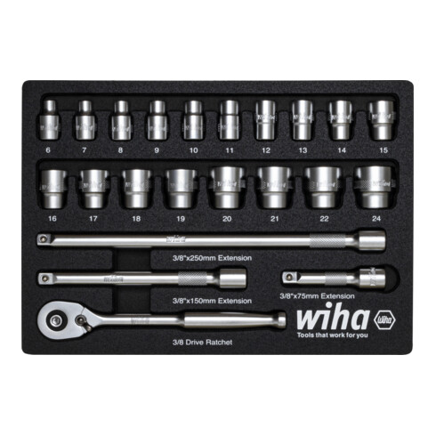 Wiha Ratschenschlüssel Set 3/8" 22-tlg inkl. Schaumeinlage I Chrom-Vanadium-Stahl Werkzeug für Montage & Installation (44708)