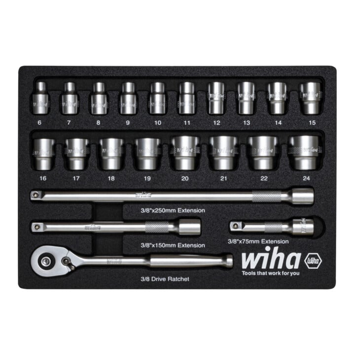 Wiha Ratschenschlüssel Set 3/8" 22-tlg inkl. Schaumeinlage I Chrom-Vanadium-Stahl Werkzeug für Montage & Installation (44708)