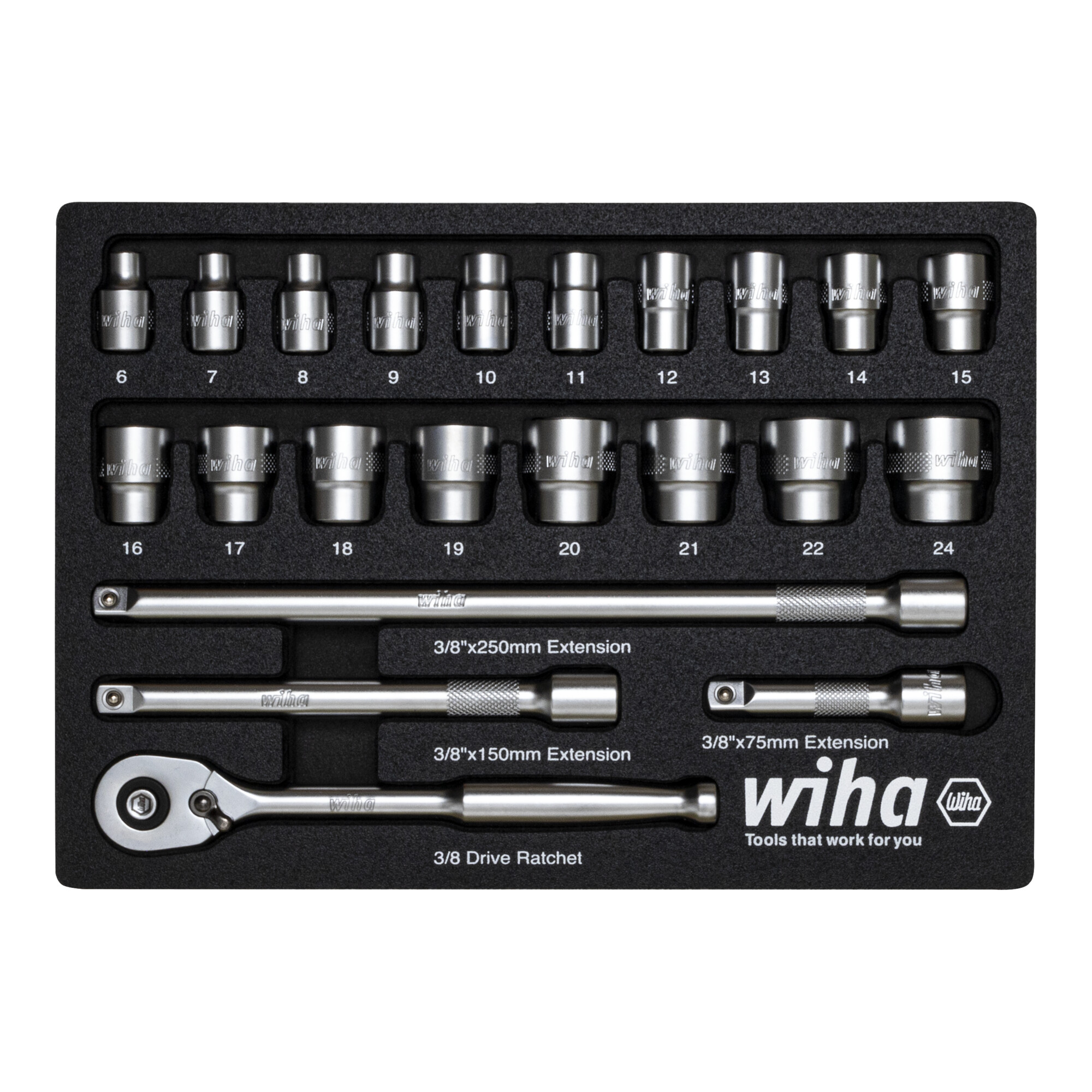 Wiha Ratschenschlüssel Set 3/8" 22-tlg inkl. Schaumeinlage I Chrom-Vanadium-Stahl Werkzeug für Montage & Installation (44708)