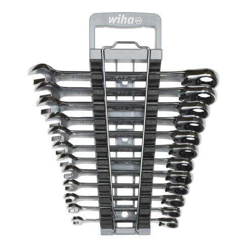 Wiha Ringratschen-Gabelschlüssel Set 12-tlg. umschaltbar inkl. Halter I Ring Ratschenschlüssel Set 8-19 mm I Maulschlüssel Satz mit Ringratsche, 44661