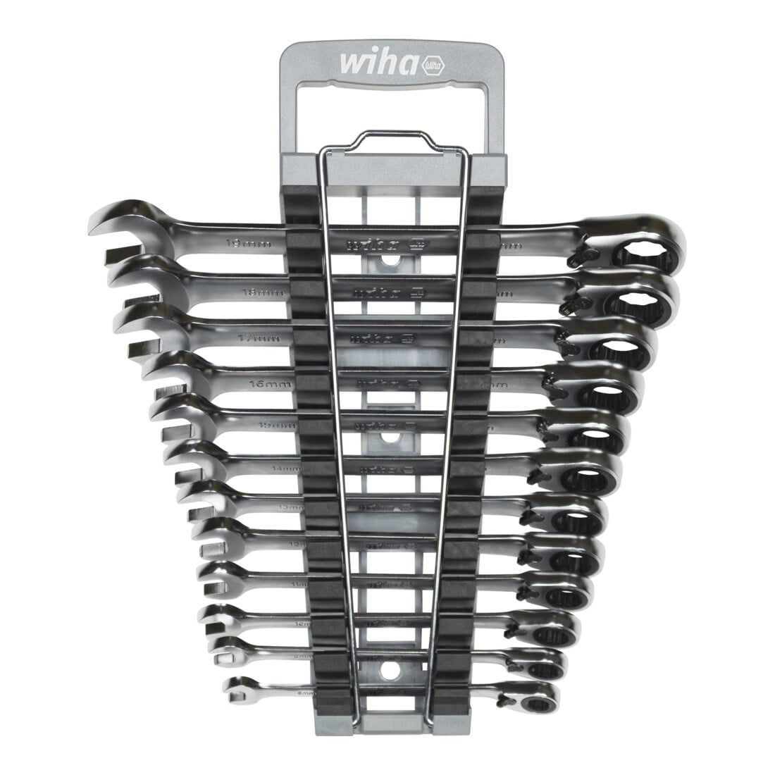 Wiha Ringratschen-Gabelschlüssel Set 12-tlg. umschaltbar inkl. Halter I Ring Ratschenschlüssel Set 8-19 mm I Maulschlüssel Satz mit Ringratsche, 44661