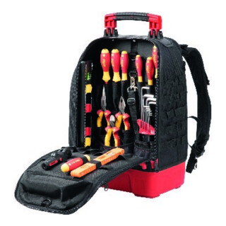 Wiha Sac à dos outil électricien 27 pièces avec équipement de base, fond stable, compartiment ordinateur portable, poches pour accessoires (45528)