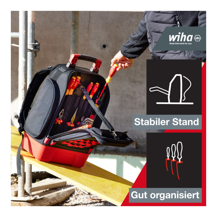 Wiha Sac à dos outil électricien 27 pièces avec équipement de base, fond stable, compartiment ordinateur portable, poches pour accessoires (45528)