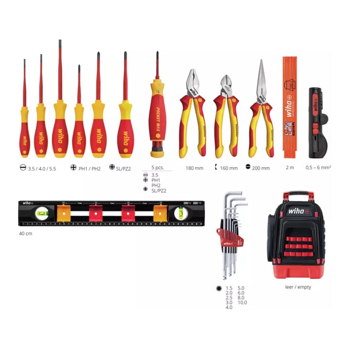 Wiha Sac à dos outil électricien 27 pièces avec équipement de base, fond stable, compartiment ordinateur portable, poches pour accessoires (45528)